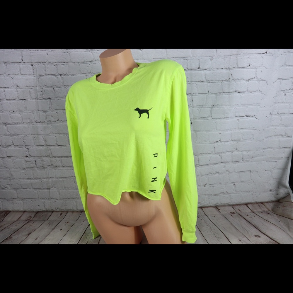 VS PINK Logo Print Long Sleeve Crop Top Neon Green - Picture 2 of 6